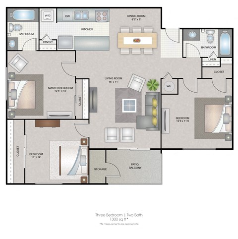 Floor plan for 3 beds, 2 baths, 1300 sqft